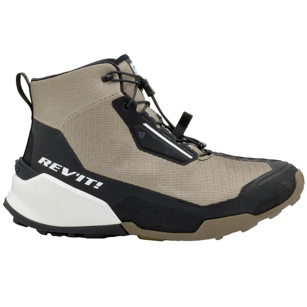 Beige and black hiking boot with 'REV'IT!' branding on a white background