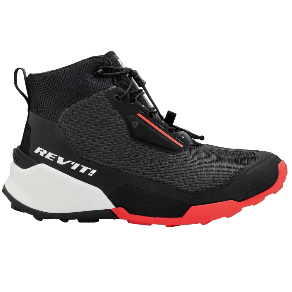 Black and red hiking boot with 'REV'IT!' branding on a light gray background