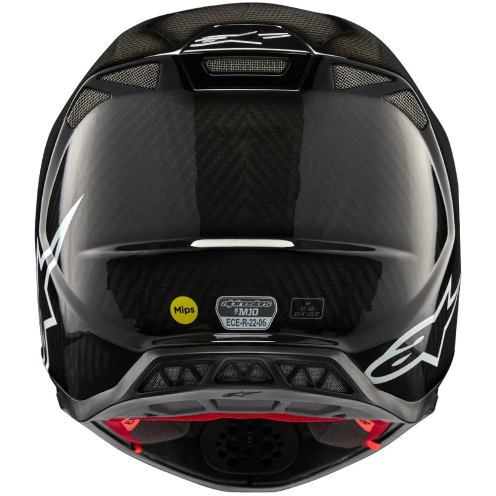 Black motorcycle helmet with red interior on a white background