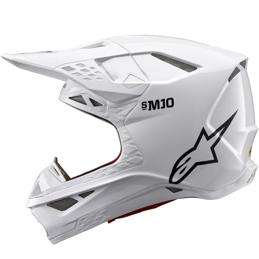 White motocross helmet with black logo on a white background