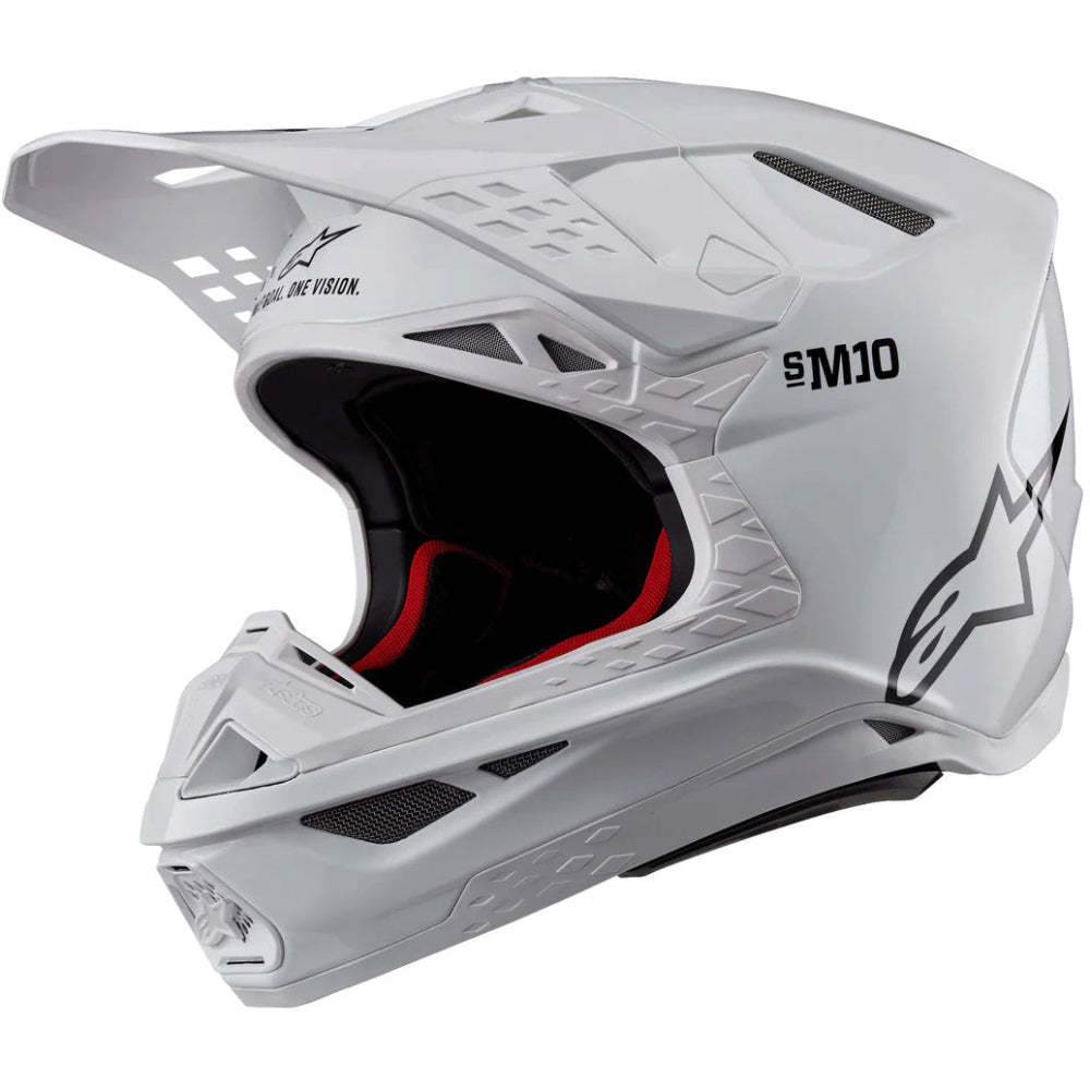 White motorcycle helmet with 'SM10' branding on a white background