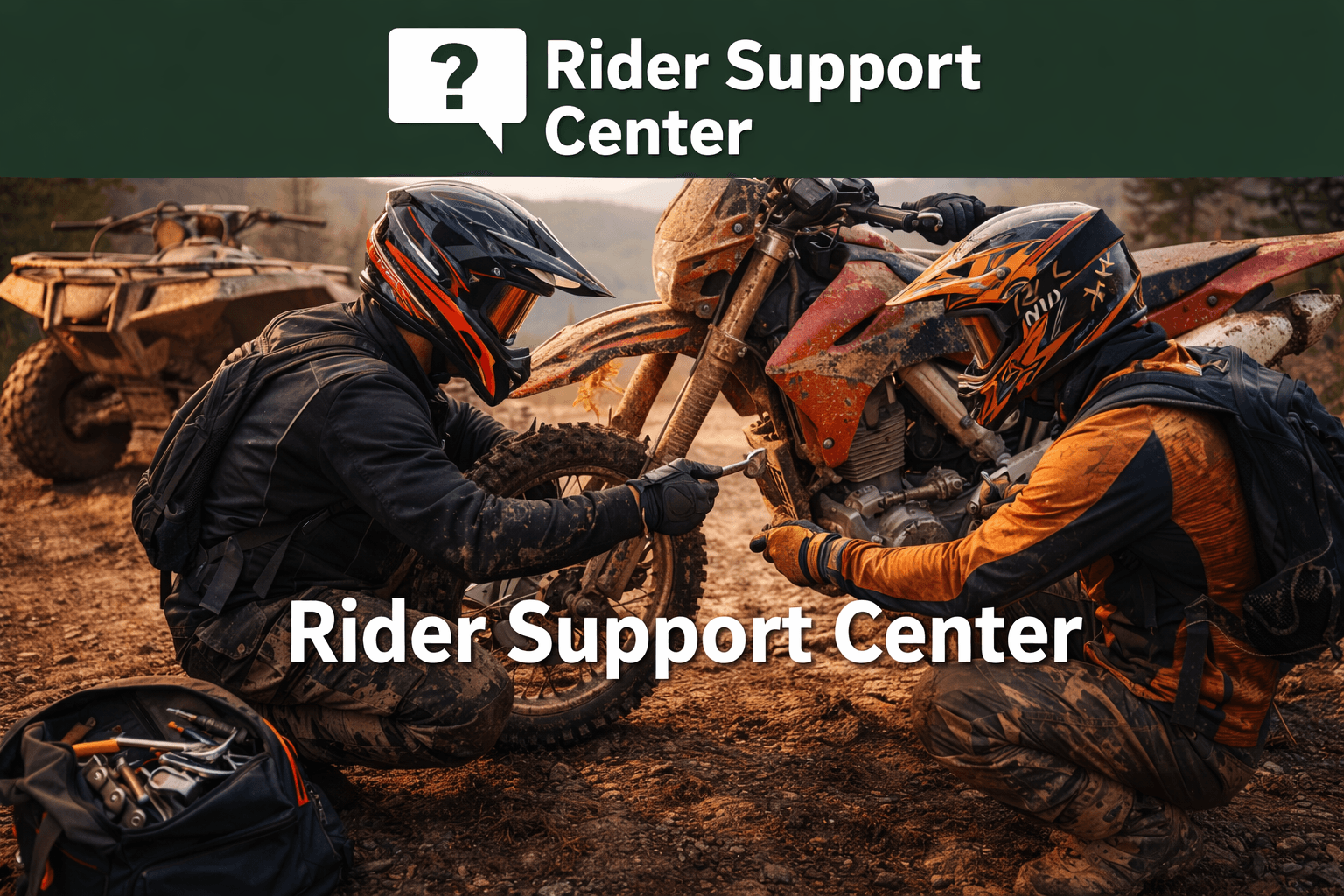 Two individuals in motocross gear working on a bike with text 'Rider Support Center' overlayed.