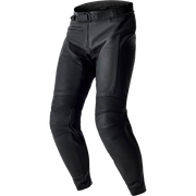 Black motorcycle riding pants with integrated knee and thigh protective armor panels, shown on a white background.