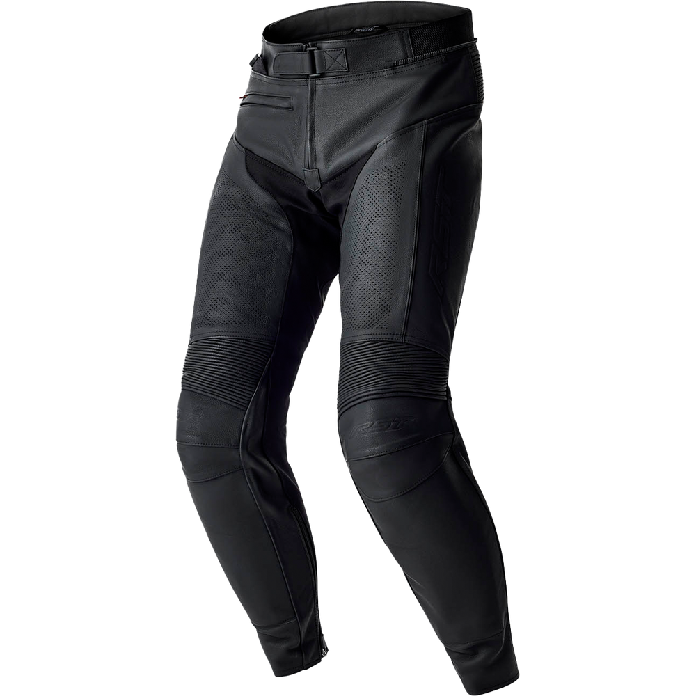 Black motorcycle riding pants with integrated knee and thigh protective armor panels, shown on a white background.