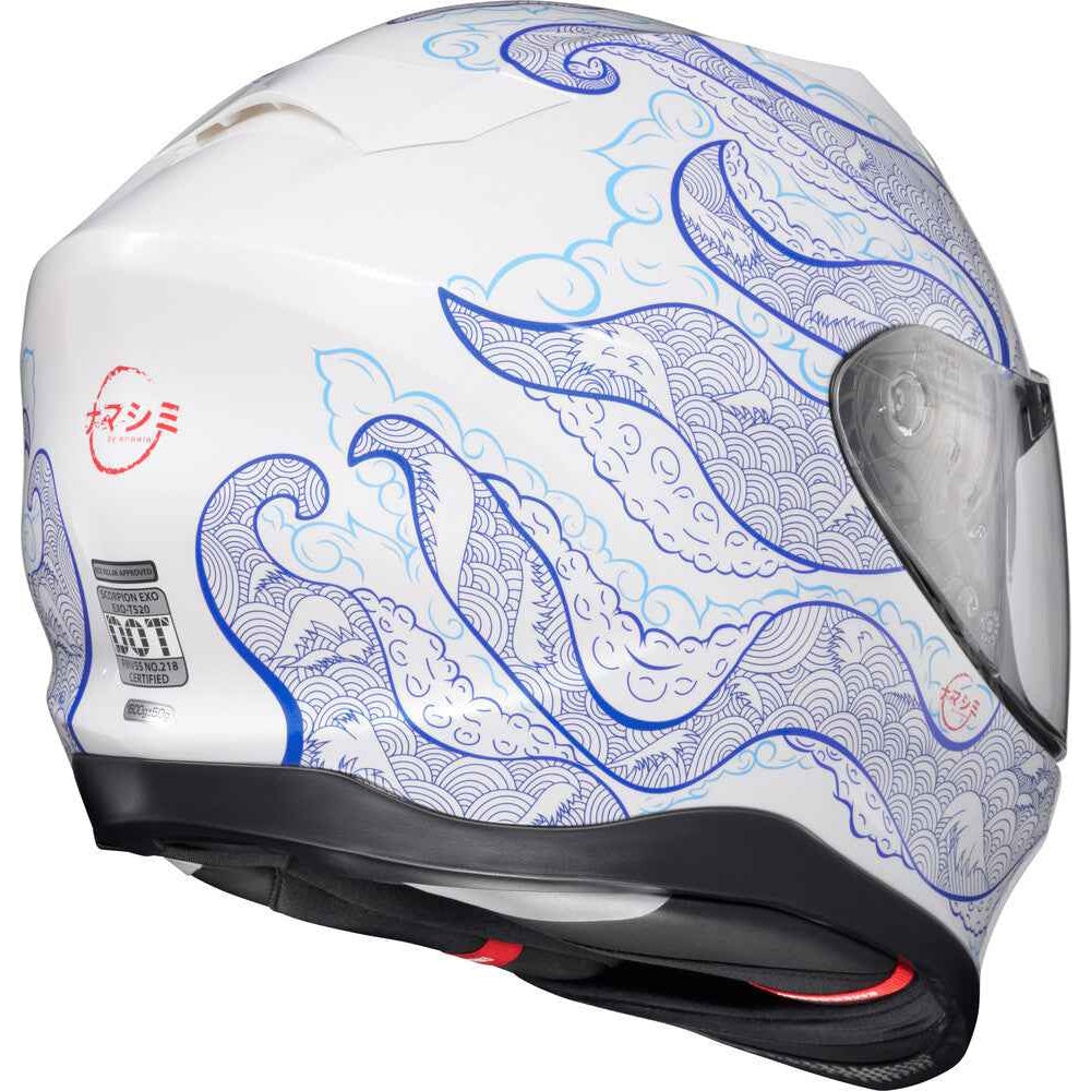 A white full-face motorcycle helmet decorated with blue and light blue wave patterns, featuring a clear visor and a small red Japanese logo on the side.