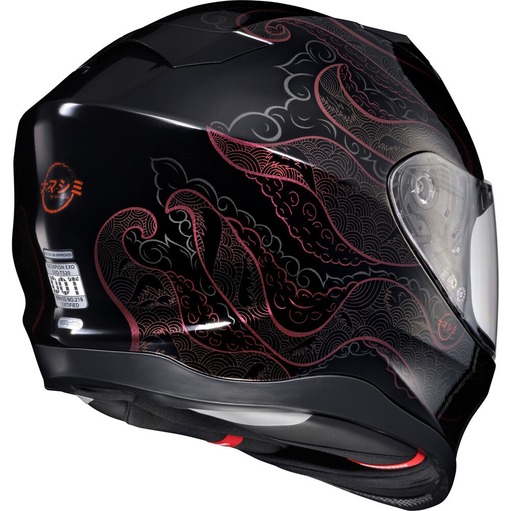 A glossy black full-face motorcycle helmet with a red and white wave pattern on the side, featuring a clear visor and a visible RZ brand logo.