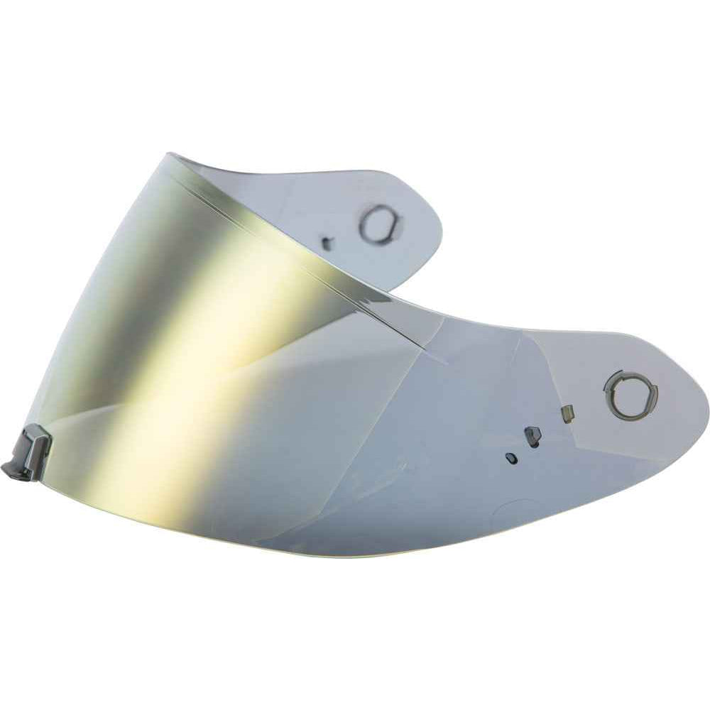 Helmet visor with gold reflective surface on a white background