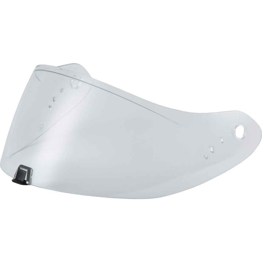 Clear face shield with a white background