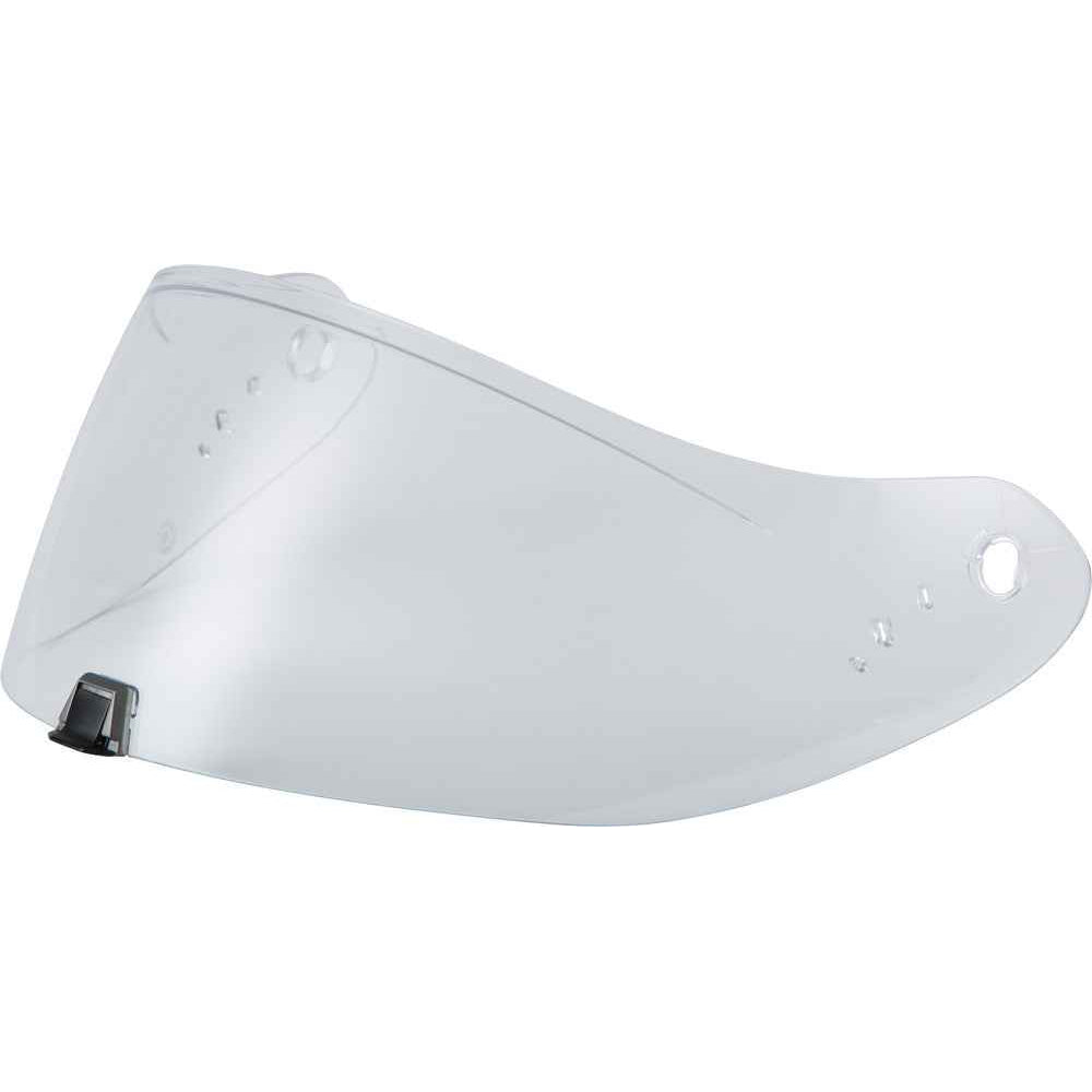 Clear face shield with a white background