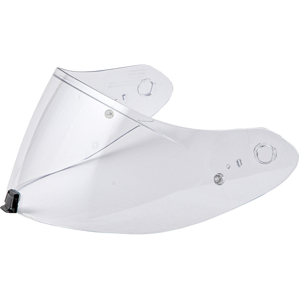 Clear face shield with a white background