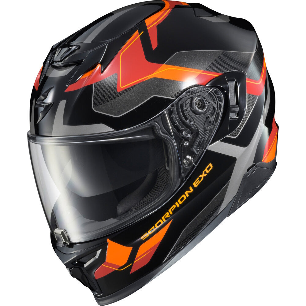A full-face motorcycle helmet in black with vibrant orange and red graphic accents, featuring a clear visor and the 'SCORPION EXO' branding on the side.