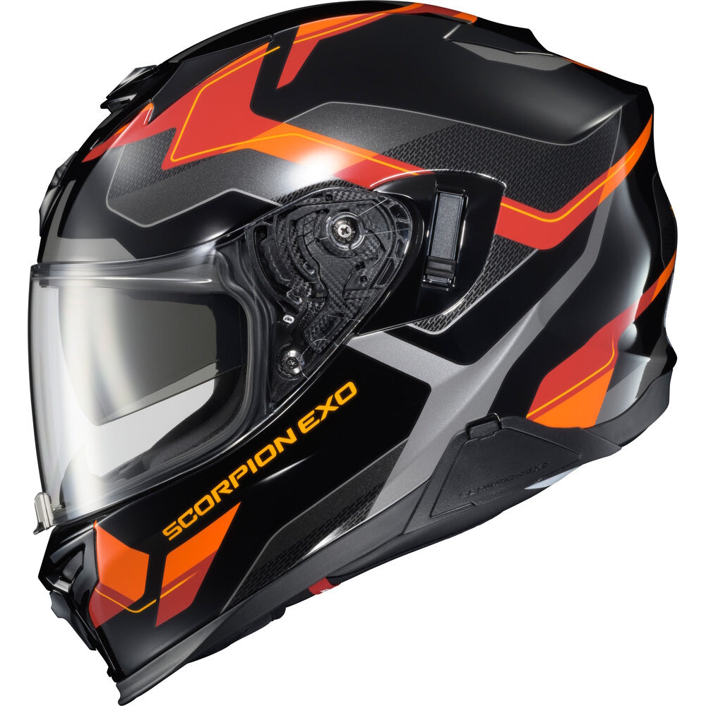 A full-face motorcycle helmet in black with vibrant orange and red graphic accents, featuring a clear visor and the 'SCORPION EXO' branding on the side.