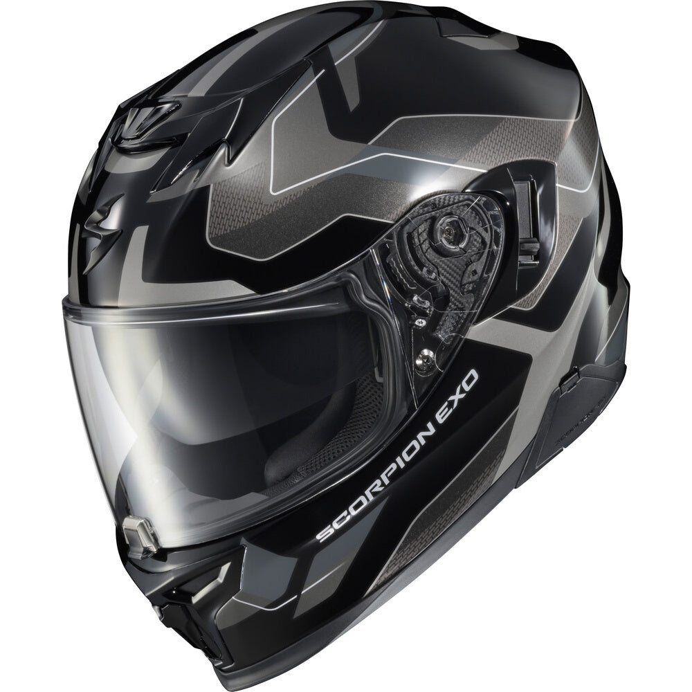 A black and gray full-face motorcycle helmet with a clear visor, featuring the 'SCORPION EXO' branding on the side, shown against a plain white background.