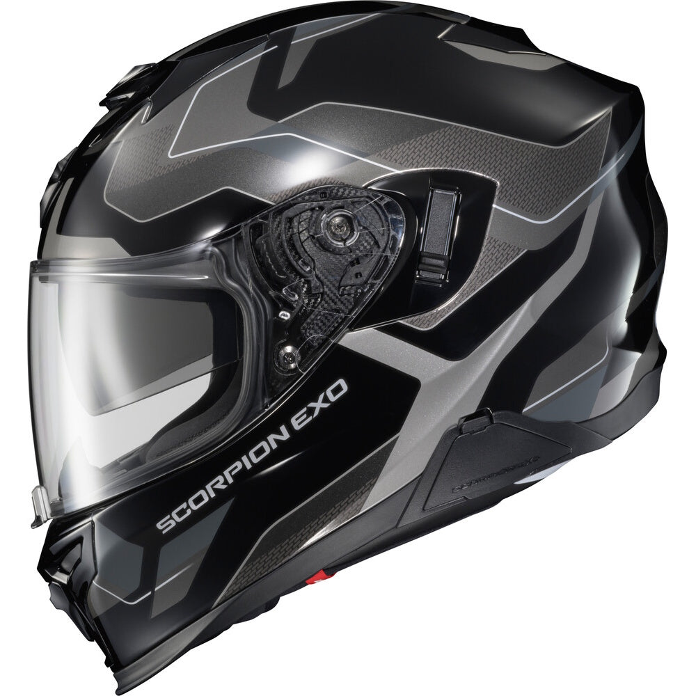 A black and gray Scorpion EXO full-face motorcycle helmet with a clear visor, shown from a three-quarters angle on a white background.