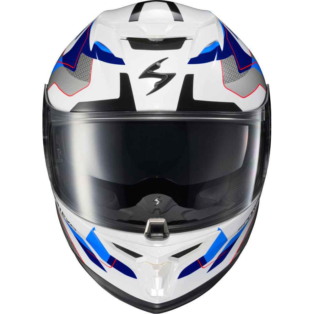 A white full-face motorcycle helmet with blue, black, and gray graphic accents, featuring a clear visor, shown against a plain white background.