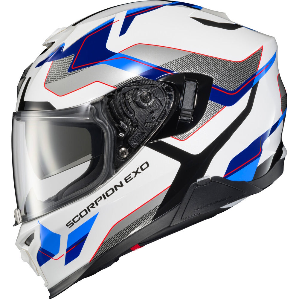 A white full-face motorcycle helmet with blue and red graphic accents, a clear visor, and the Scorpion EXO logo printed on the side.