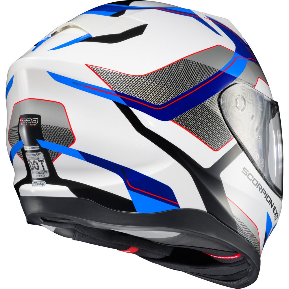 A white full-face motorcycle helmet with blue, black, and red graphic accents, featuring a clear visor and visible Scorpion branding.