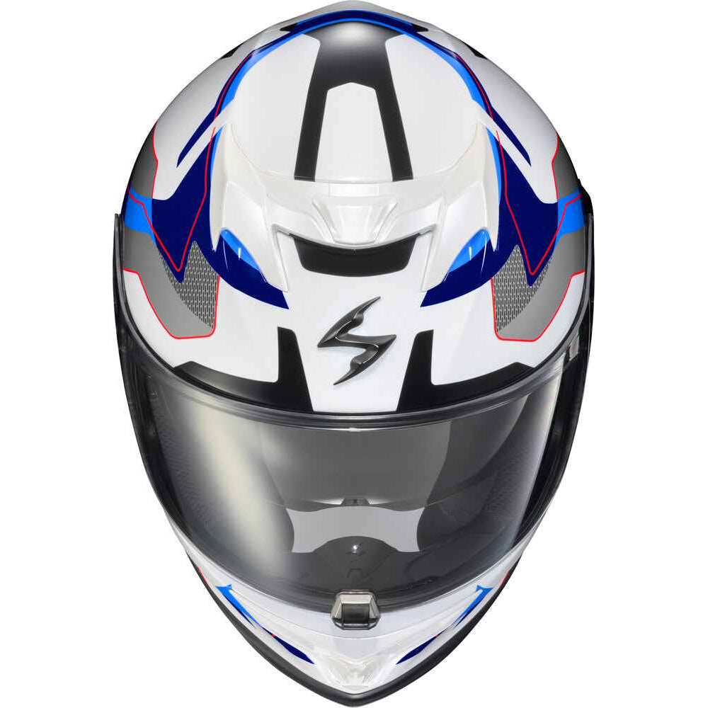 A full-face motorcycle helmet in white with blue, black, and gray graphic accents, featuring a clear visor, shown against a plain white background.
