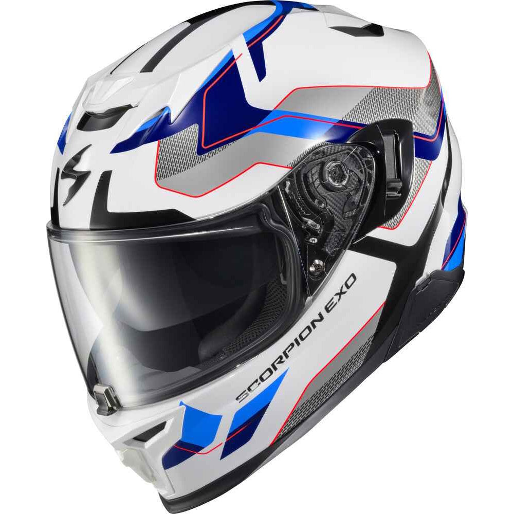 A white Scorpion EXO full-face motorcycle helmet with blue, gray, and red graphic accents, featuring a clear visor.