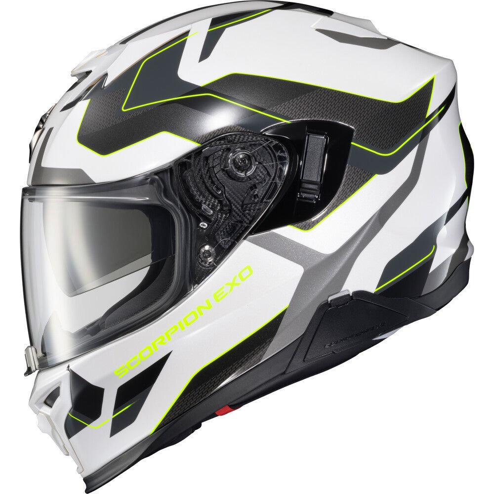 A white full-face motorcycle helmet with black graphic accents and bright neon yellow-green trim, featuring a clear visor and the 'SCORPION EXO' branding on the side.