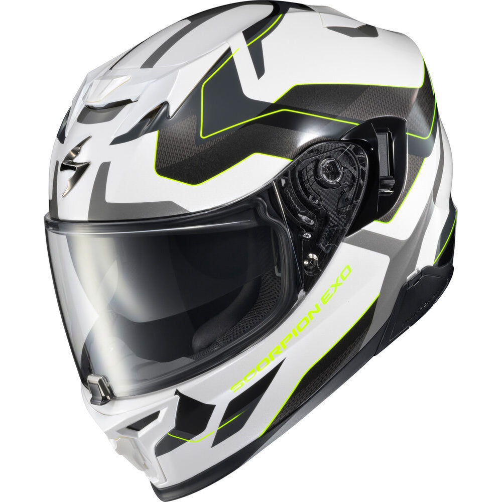 A full-face motorcycle helmet in white, black, and gray with neon yellow-green accents and a clear visor, shown on a plain white background. The brand name 'SCORPION EXO' is printed on the lower side.
