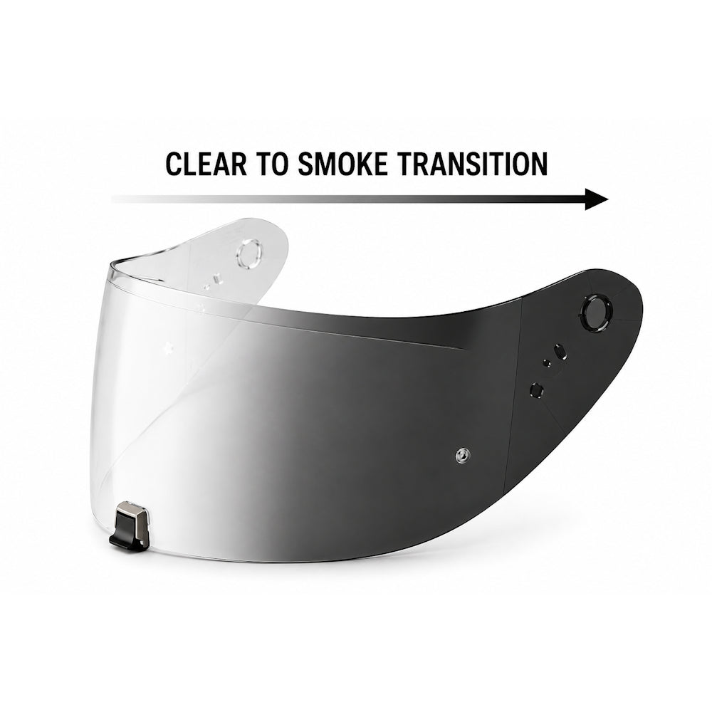 Helmet visor with clear to smoke transition on a white background