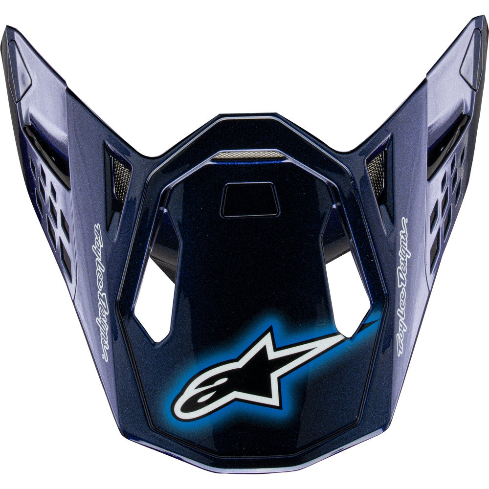 Blue and black helmet visor with a logo on a white background