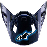 Blue and black helmet visor with a logo on a white background