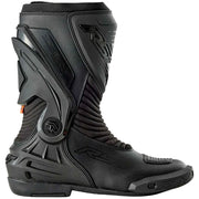 Black motorcycle boots with brand logo on a white background