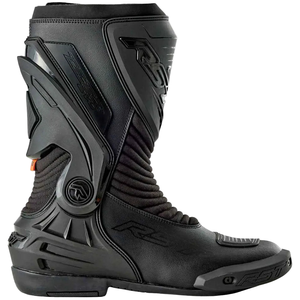 Black motorcycle boots with brand logo on a white background