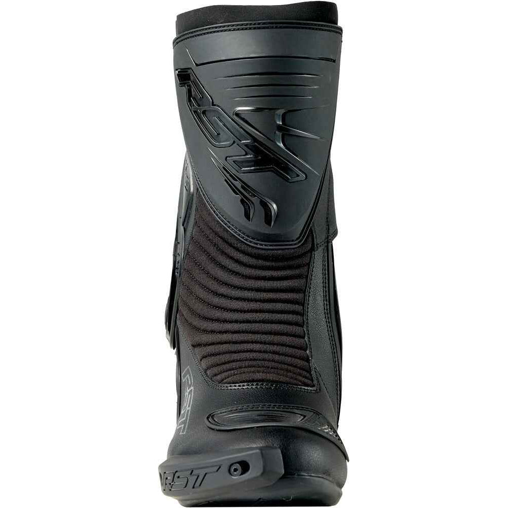 A single black motorcycle boot shown from the side against a plain white background.