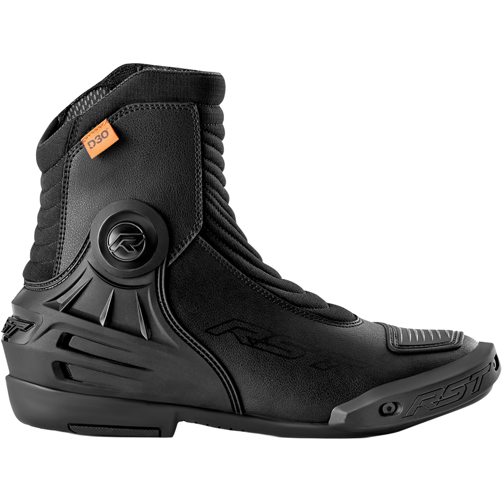 A black RST motorcycle boot with a dial closure system and an orange D30 label, shown from a side profile on a white background.