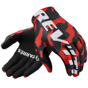 Black and red gloves with white text on a white background