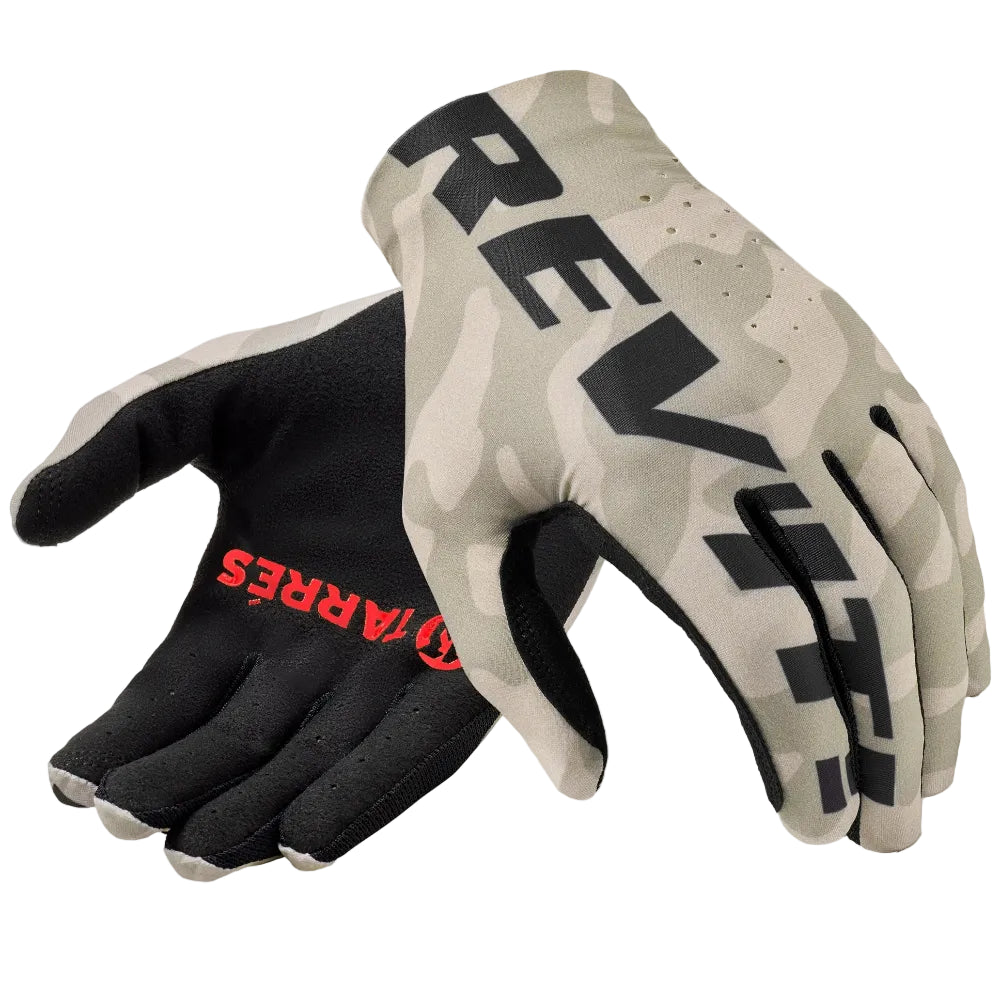 Pair of gloves with 'REV' branding on a white background