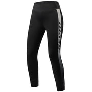 Black athletic leggings with a vertical gray side stripe featuring the brand name 'REVIT!' in white, shown on a light beige background.