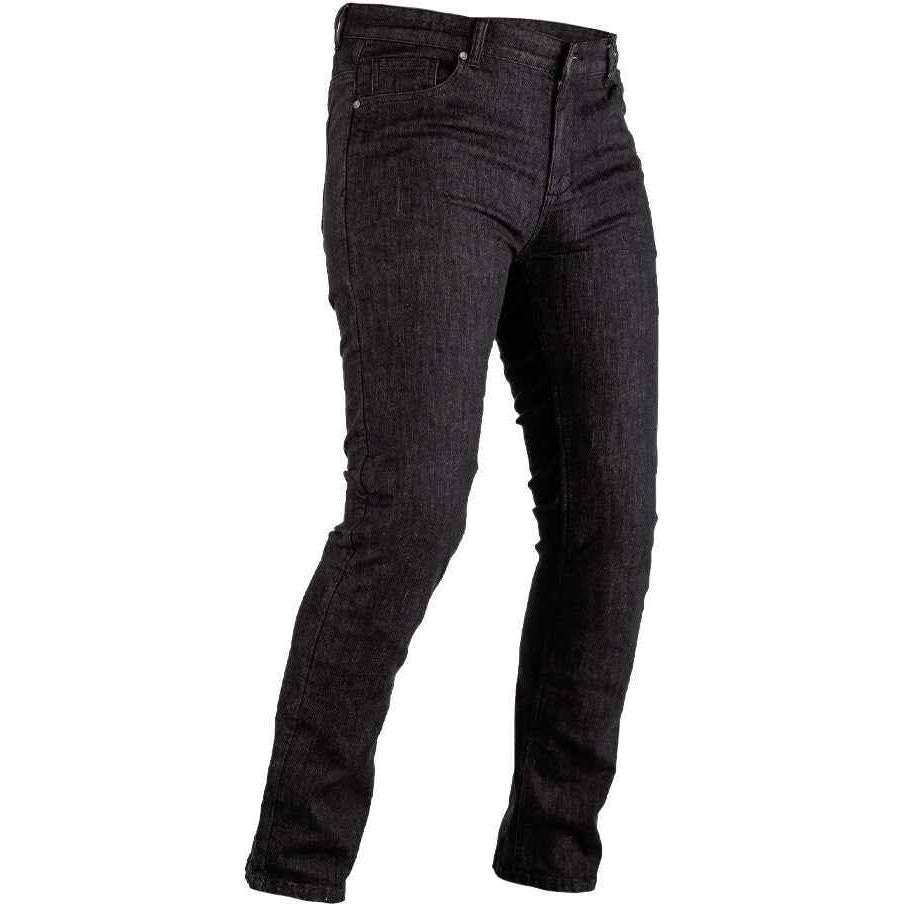 Dark gray slim-fit denim jeans shown from the waist down on a white background.