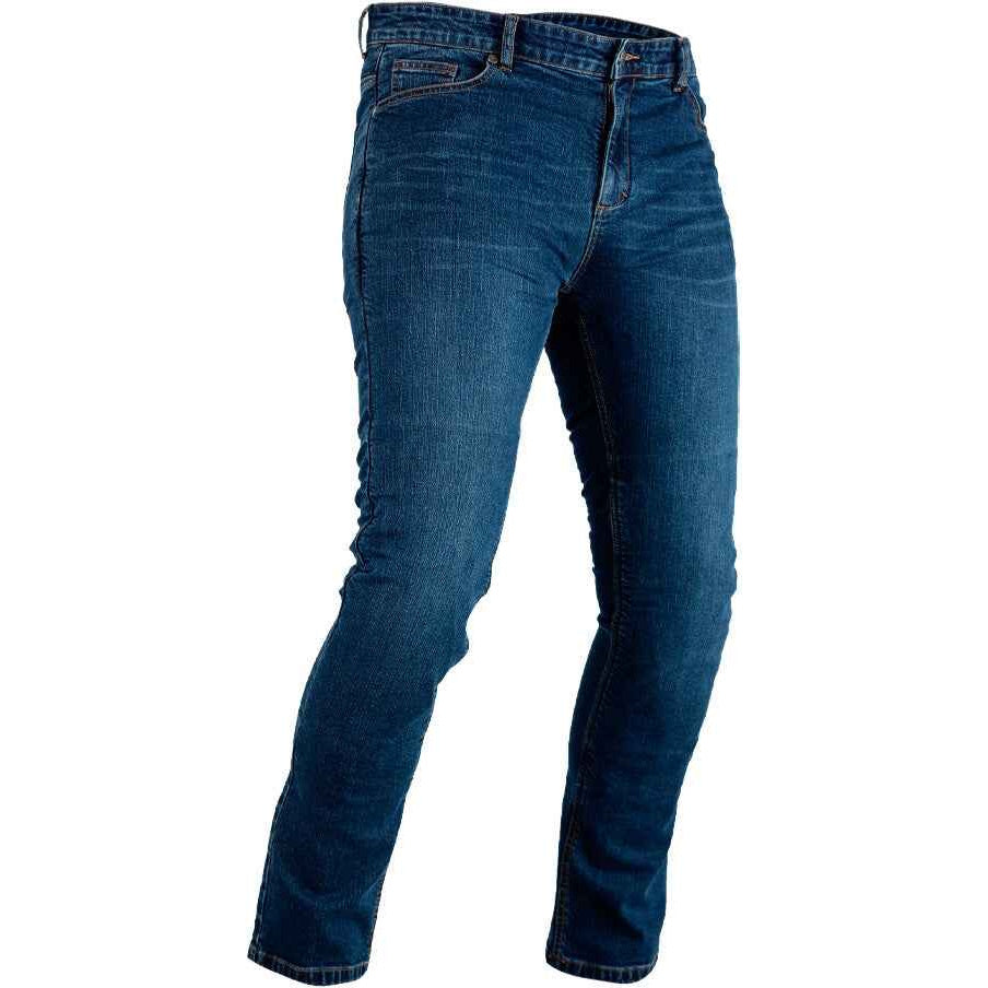 A pair of men's slim-fit blue denim jeans shown from the waist down on a plain white background.