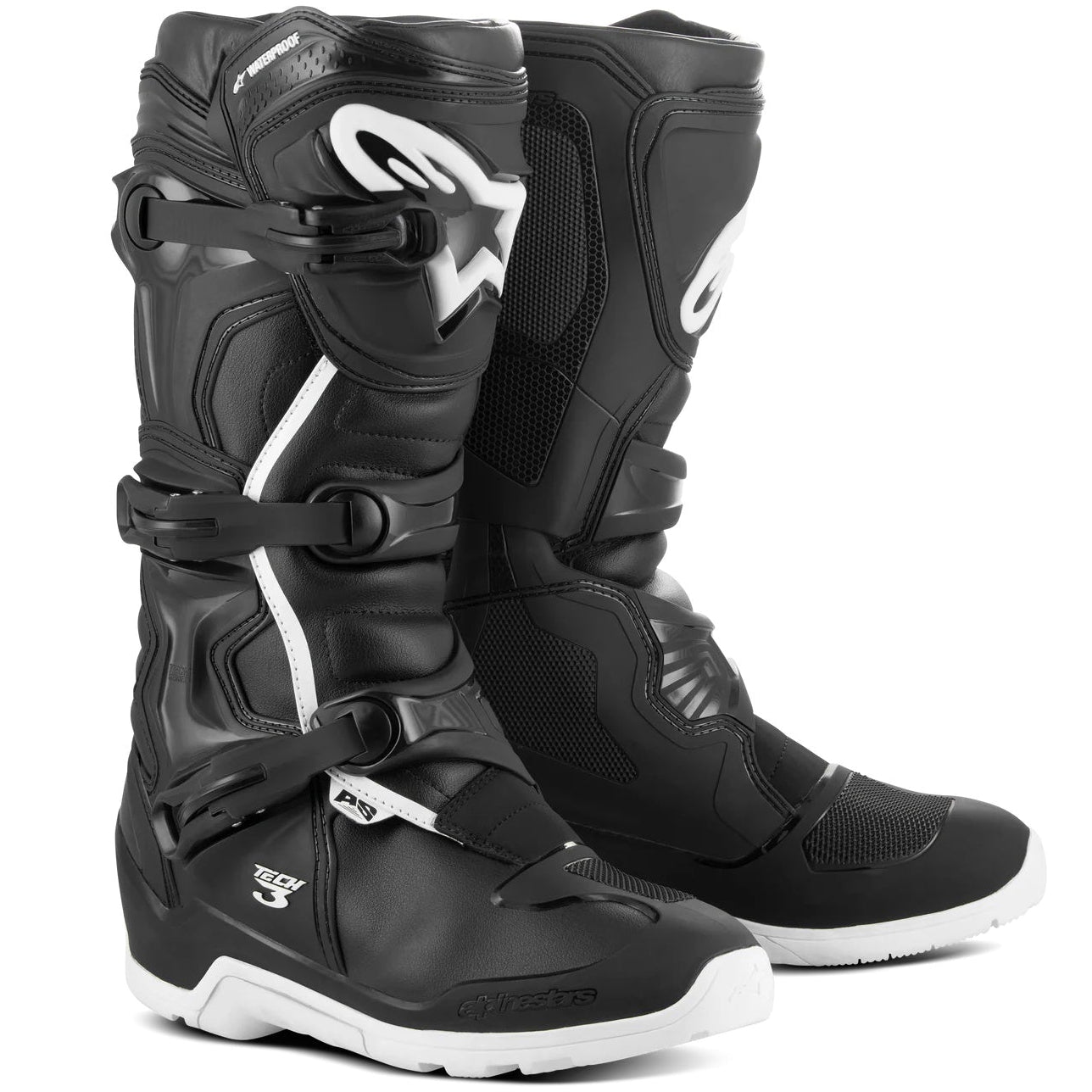 Black motorcycle boots with white accents on a white background