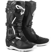 Black motorcycle boots with white accents on a white background