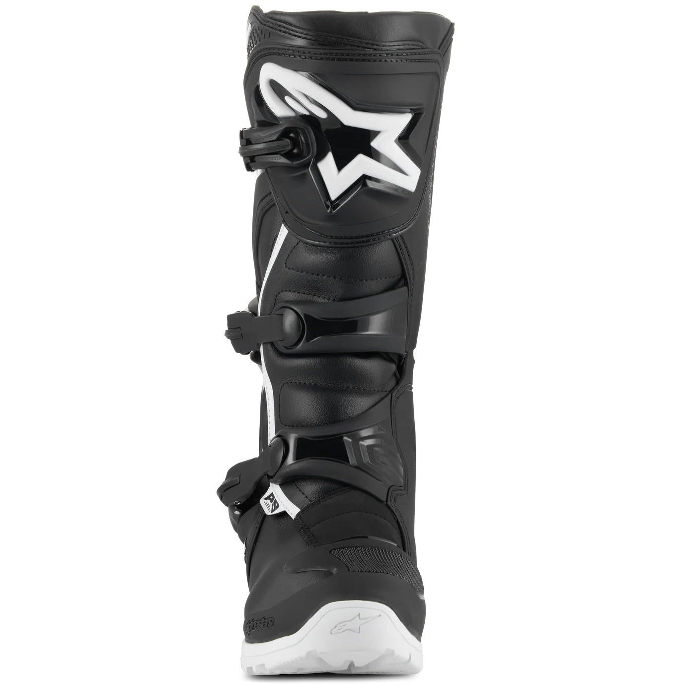 Black motocross boot with white logo on a white background