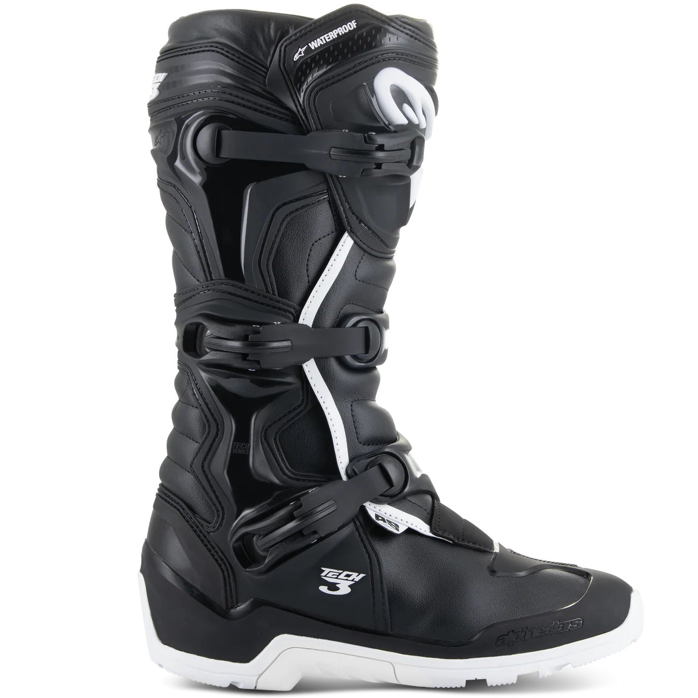 Black motocross boot with white accents on a white background