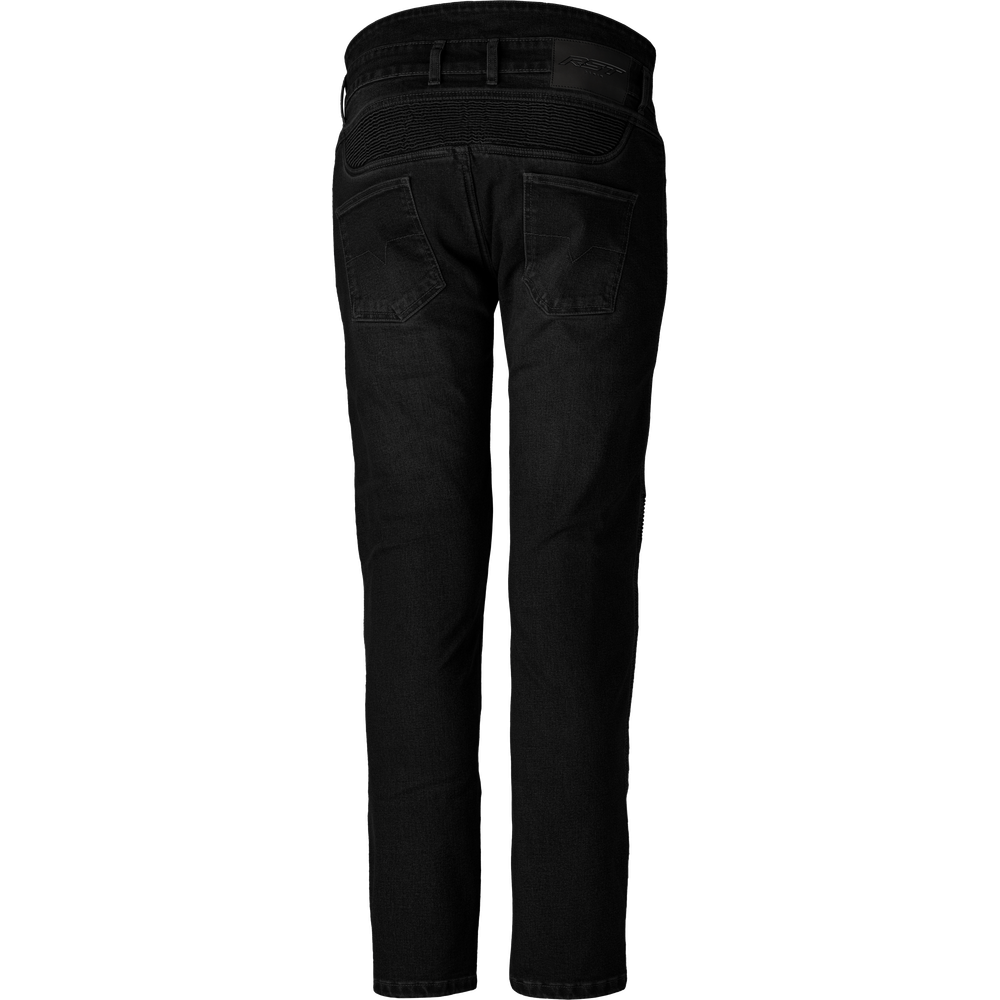 Black slim-fit jeans shown from the back, featuring a dark waistband with belt loops and two back pockets, photographed on a solid white background.