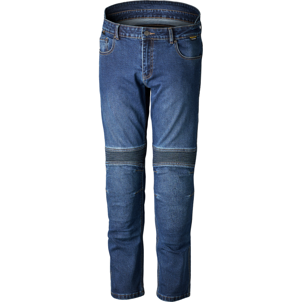Blue denim jeans with integrated dark gray protective armor panels on the thighs and knees, shown against a plain white background.