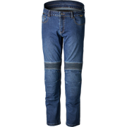 Blue denim jeans with integrated dark gray protective armor panels on the thighs and knees, shown against a plain white background.