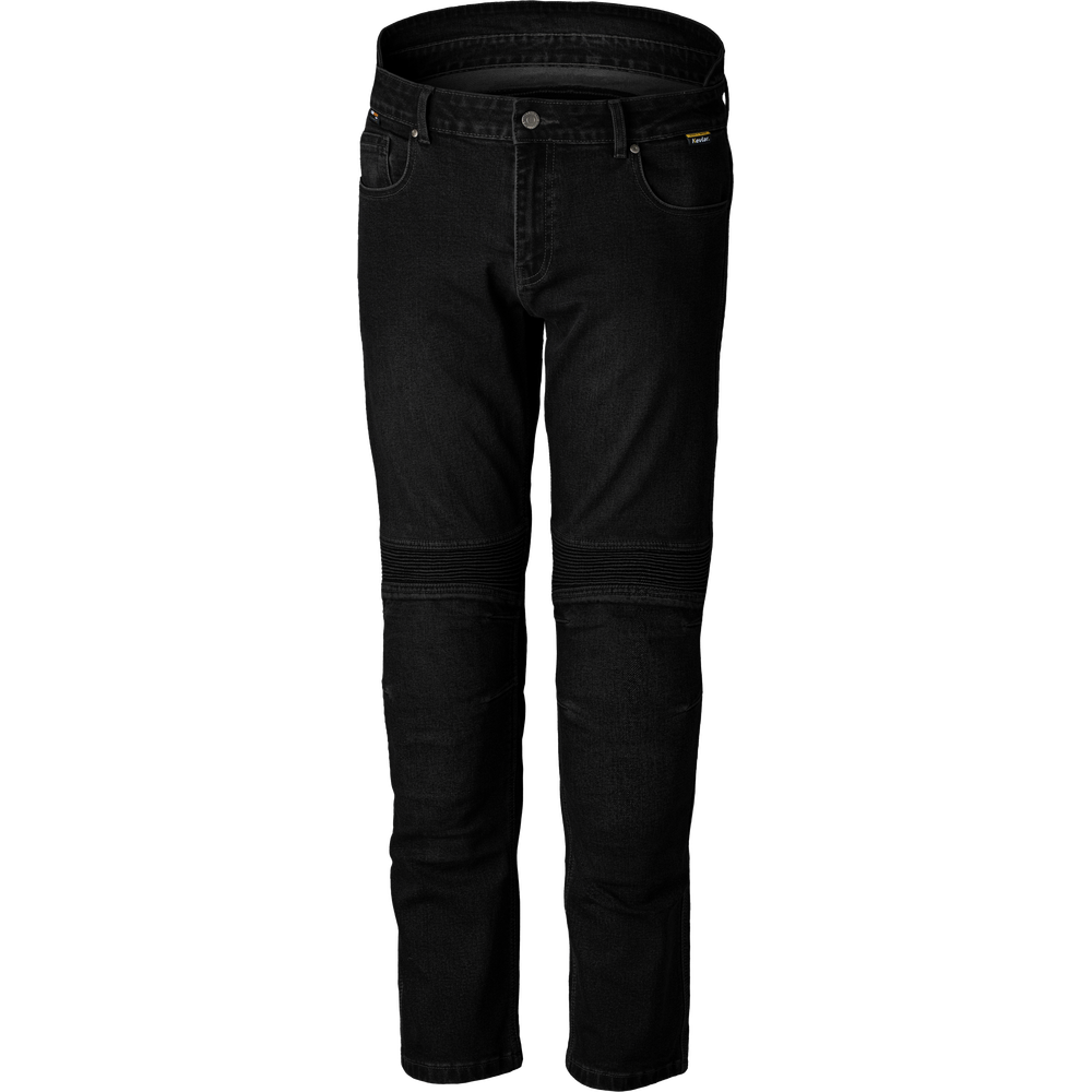 Black denim biker pants with reinforced knee panels, shown on a plain white background.