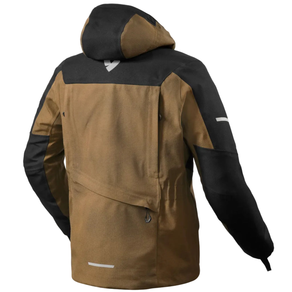Brown and black jacket with a hood on a white background