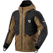 Brown and black jacket with a brand logo on a light beige background