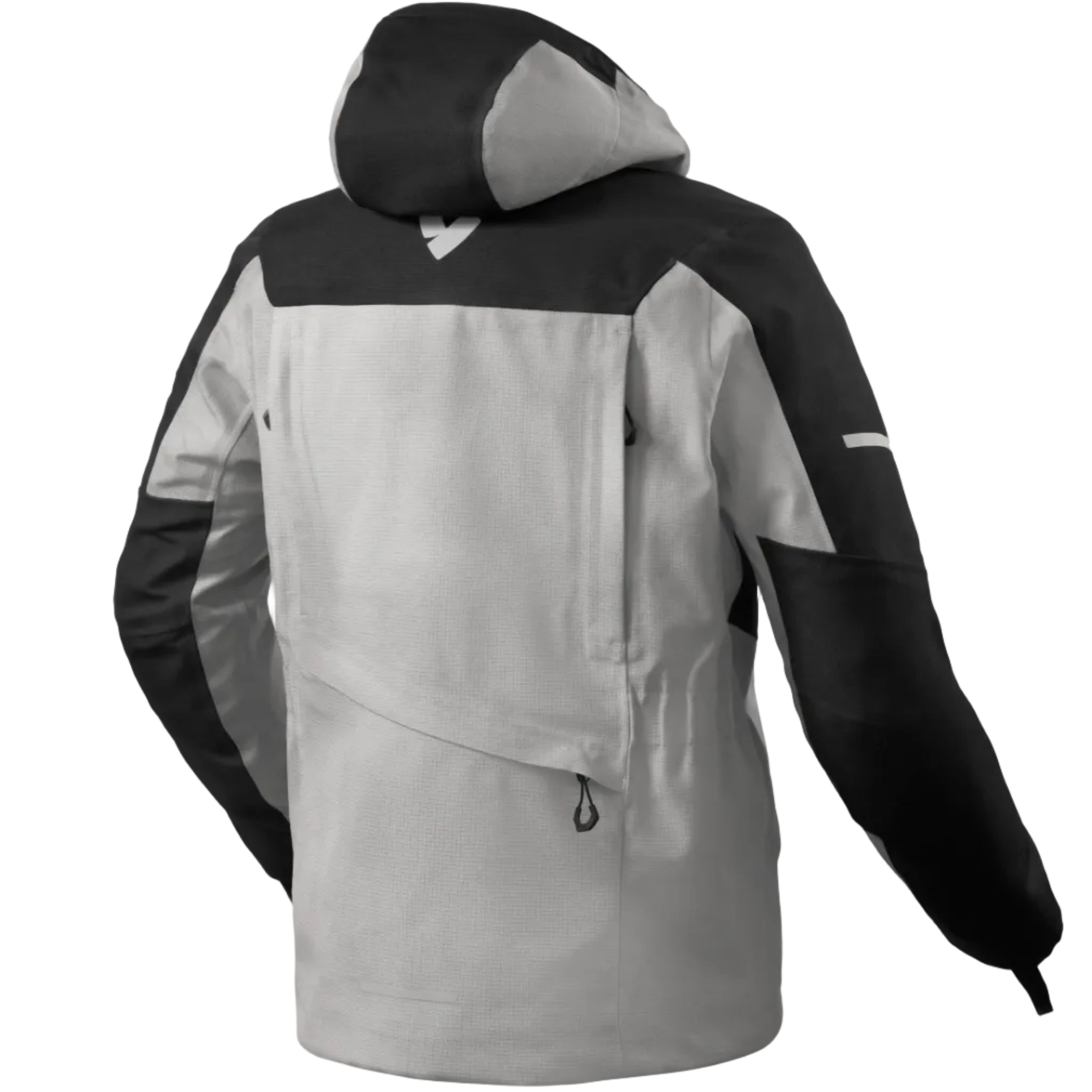 Gray and black jacket with a hood on a white background