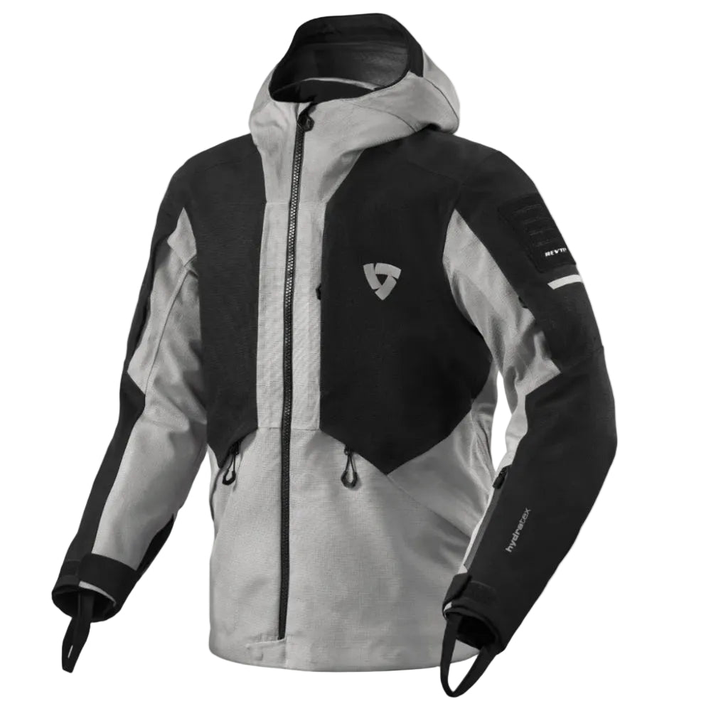 Black and gray jacket with a brand logo on a white background
