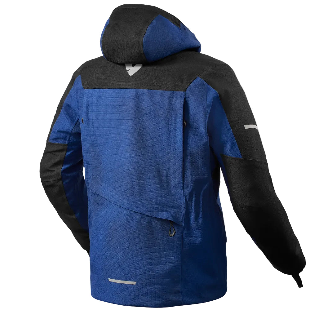 Blue and black jacket with a hood on a white background